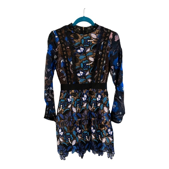 Self Portrait Maxine Floral Lace Mini Dress Long Sleeve Blue Black Aiden Size M - Picture 4 of 16